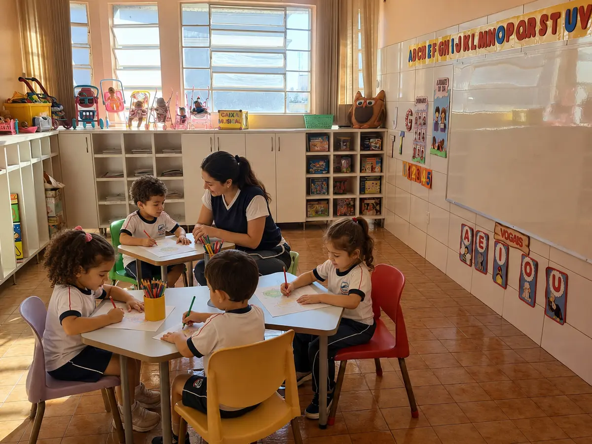 Crianças em atividade pedagógica na sala do Maternal
